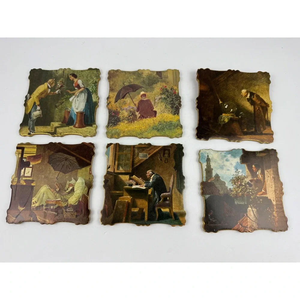 Vintage Carl Spitzweg Art Coasters Set of 6 Cork Back Scalloped Gold Edge 4x4